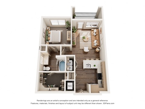 Floor plan for 1 bed, 1 bath, 718 sqft